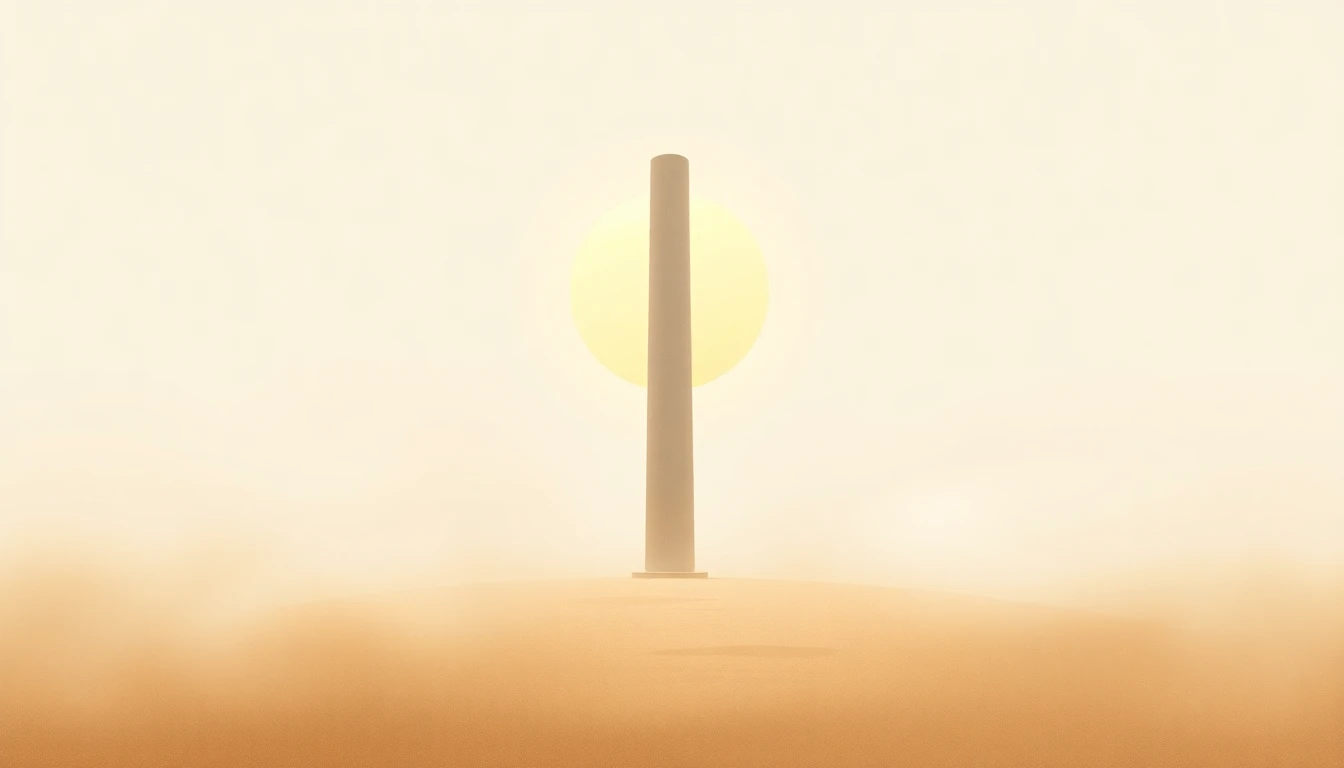 A single upright column rising through morning mist beneath a softly ascending golden sun