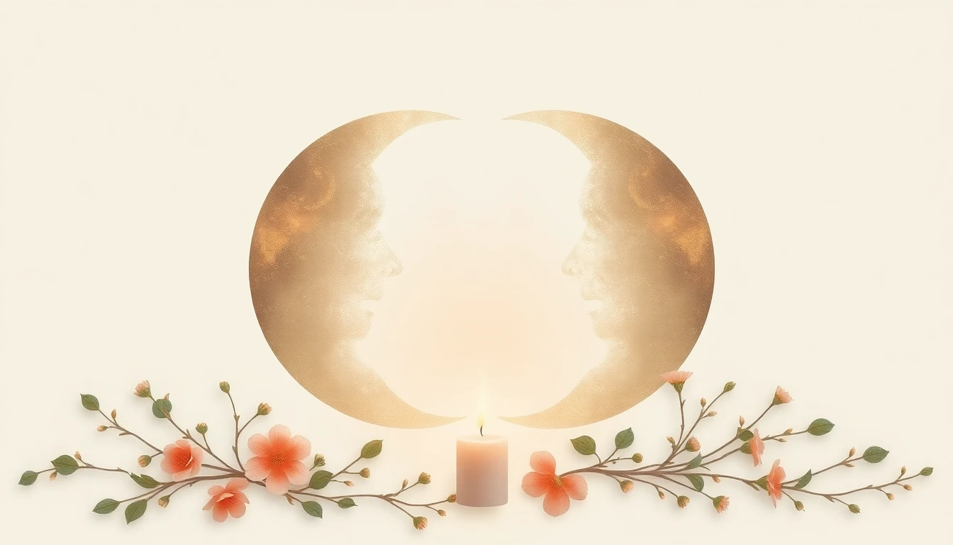 Two delicate crescent moons in quiet resonance, surrounded by pearl shimmer and soft rose tones