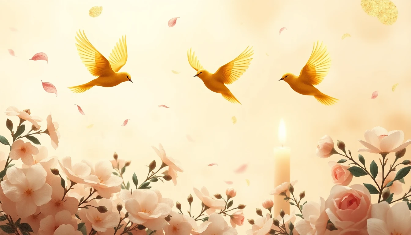 Three golden birds glide over a flowering garden as soft petals dance in a warm breeze
