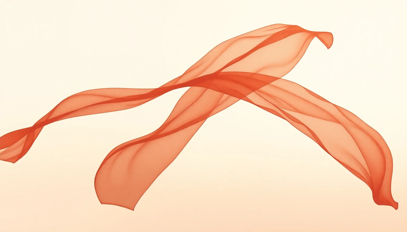 Five dancing ribbons rising on the wind against a soft terracotta sky, carried by movement and freedom