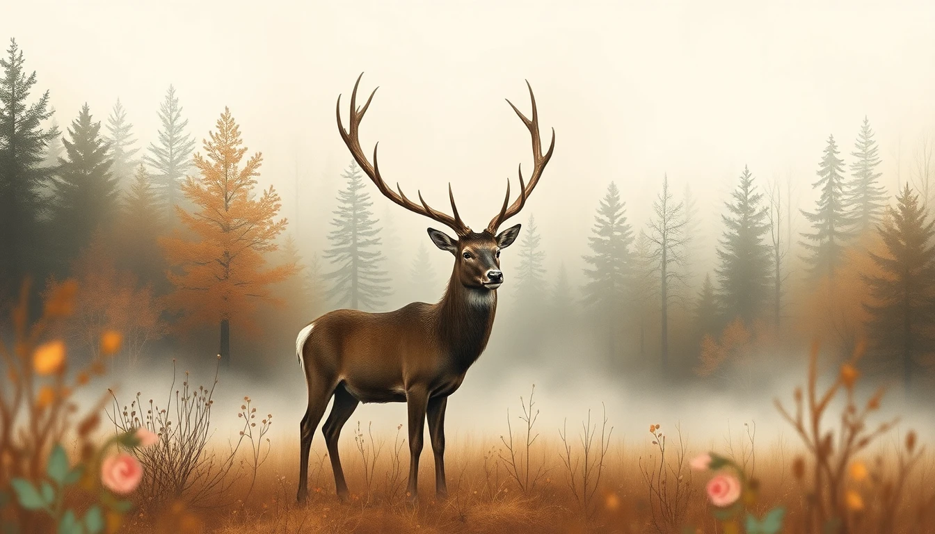A red deer with antlers in an autumn forest, golden morning mist around him