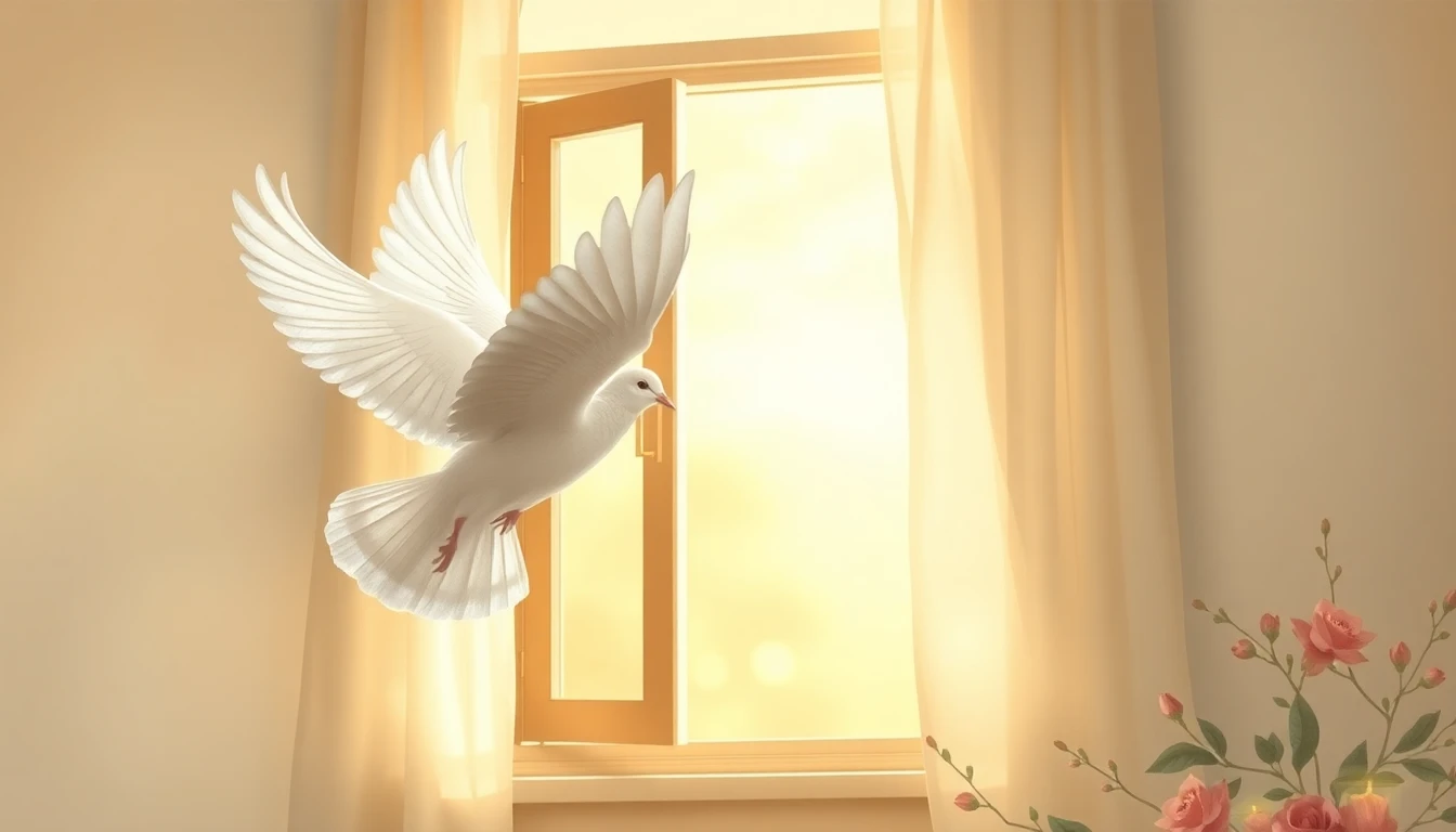 A dove on a sunlit windowsill, soft morning light