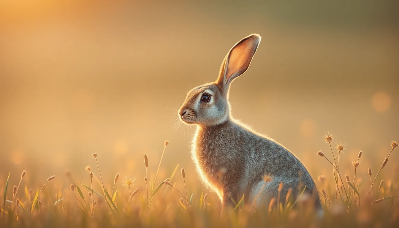 A hare in soft meadow grass at dusk, ears upright and attentive
