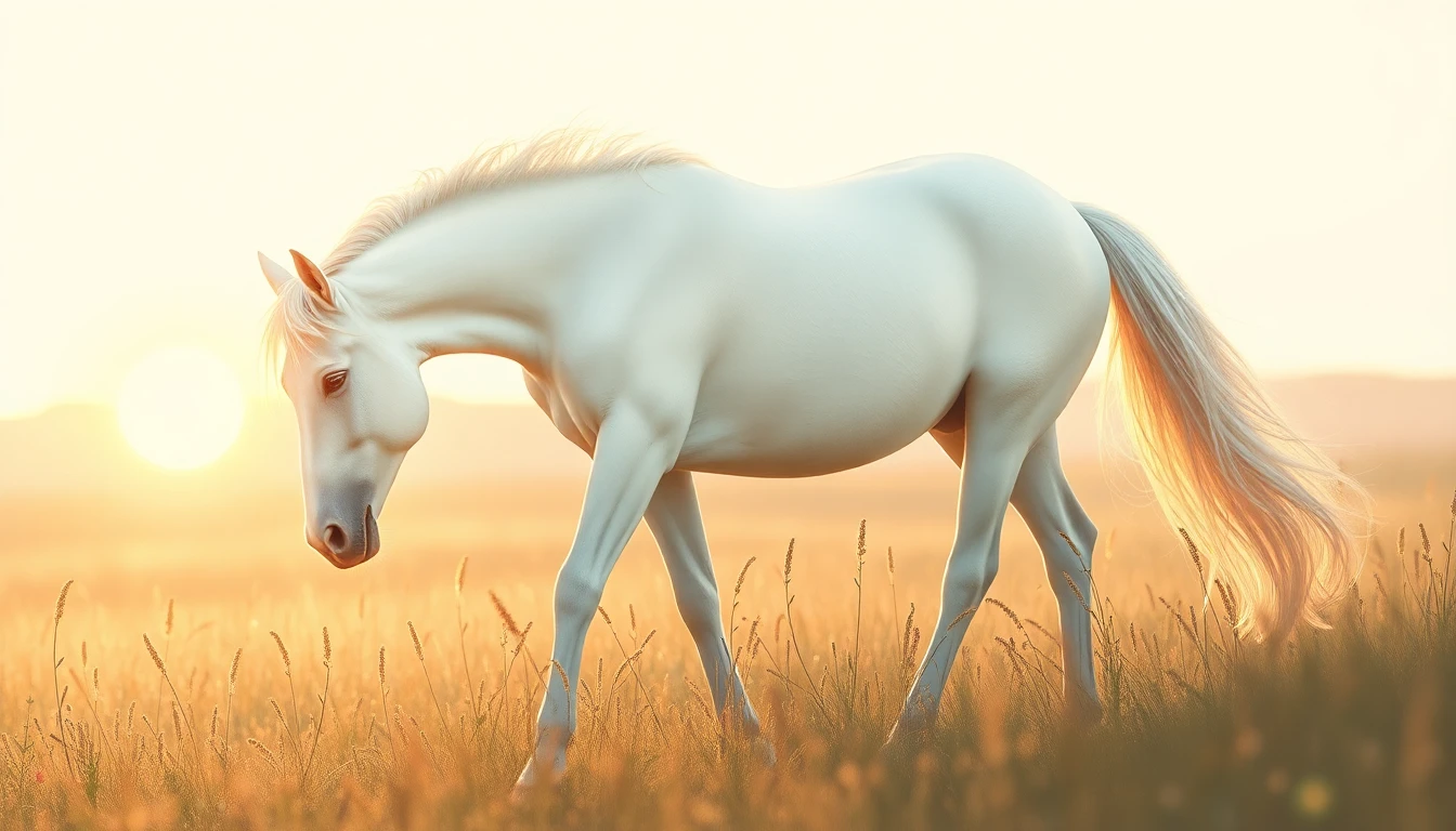 A white horse grazing freely in a meadow at sunset