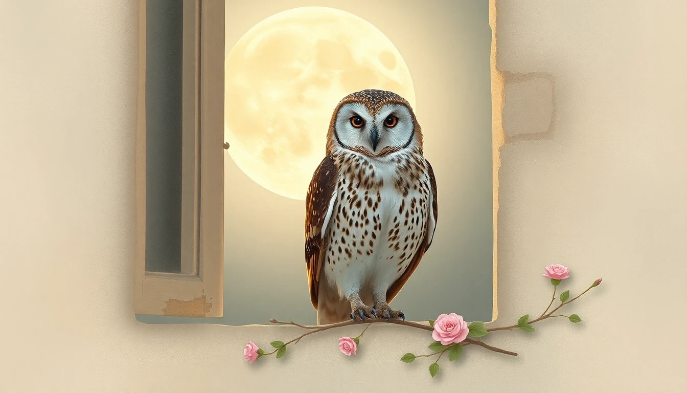 A barn owl silent in the half-light of a stone window, moon behind her