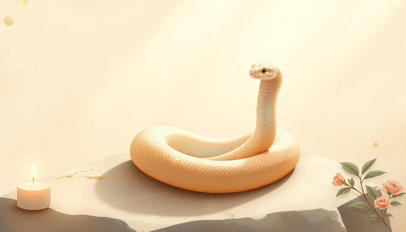 A snake sheds its skin on a sun-warmed stone, in soft ivory and gold tones