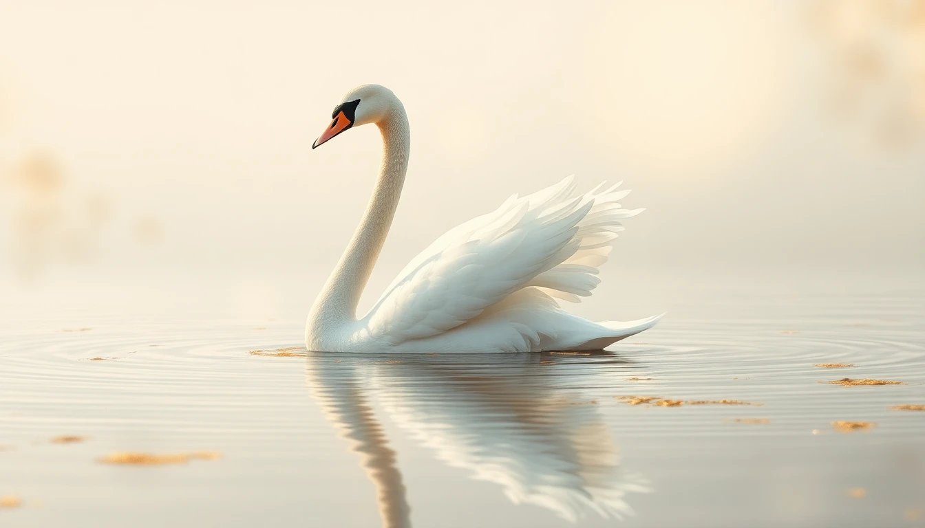 A mute swan gliding on a still lake at first light