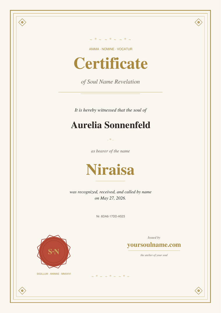 Example of the certificate — the final page of your personal Soul Name PDF, bearing your name, your soul name, and a unique verification number.