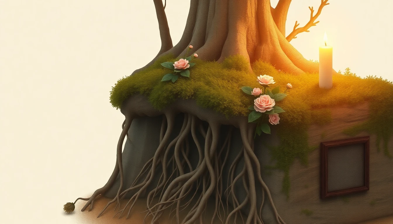 Mossy earth with roots, terracotta and sage at sunset